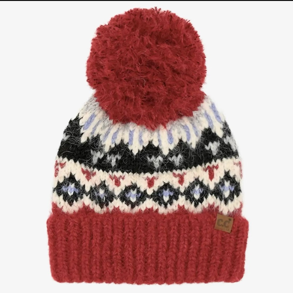 C.C Geometric Pattern Yarn Pom Beanie-Red